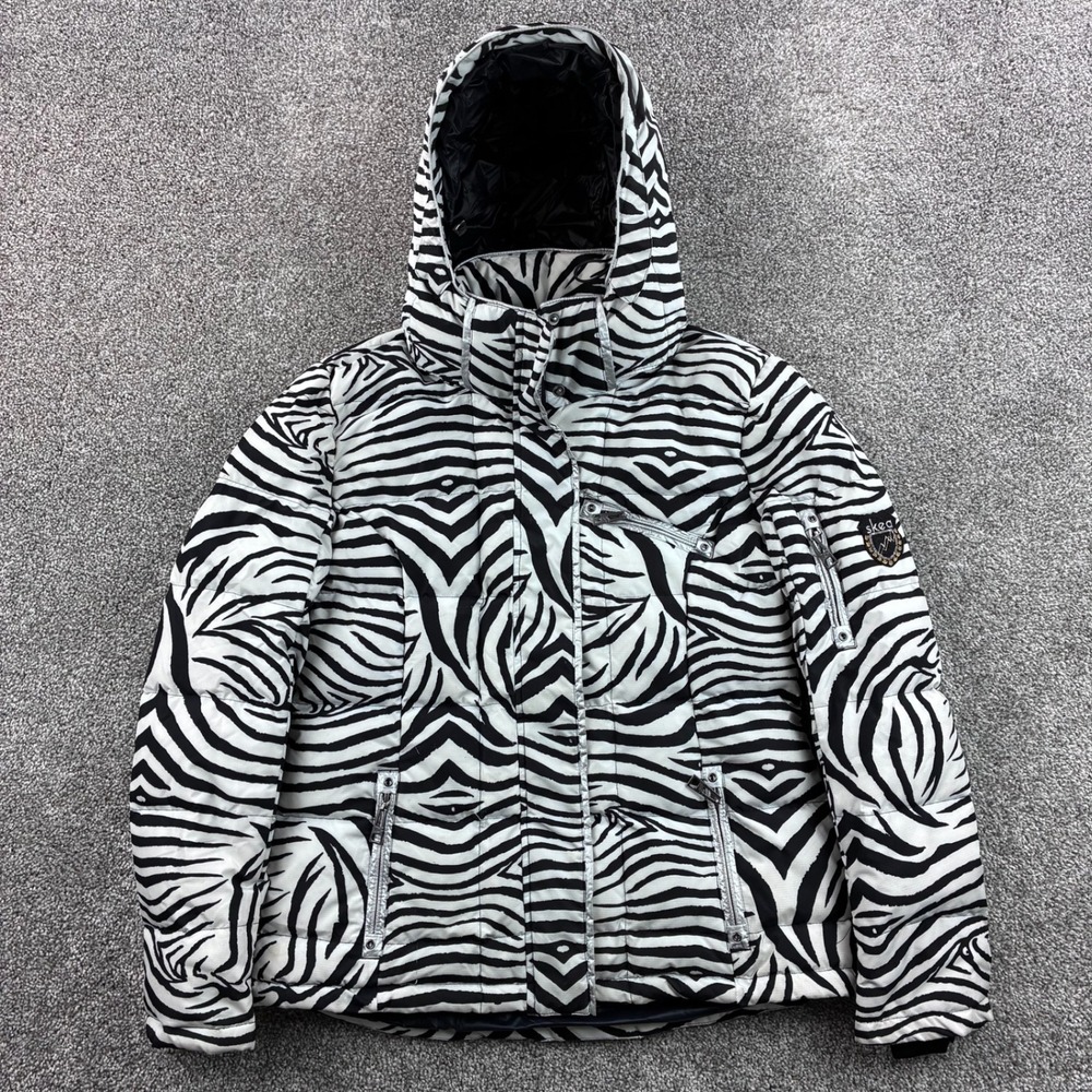 Skea Puffer Jacket Women's 10 Zebra Print Hooded Ski Snowboard Goose Down